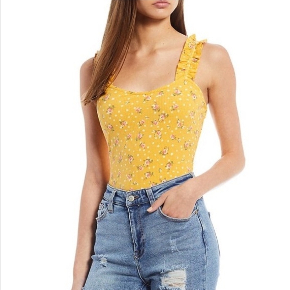 Ruffled Strap Yellow Floral Women's Bodysuit